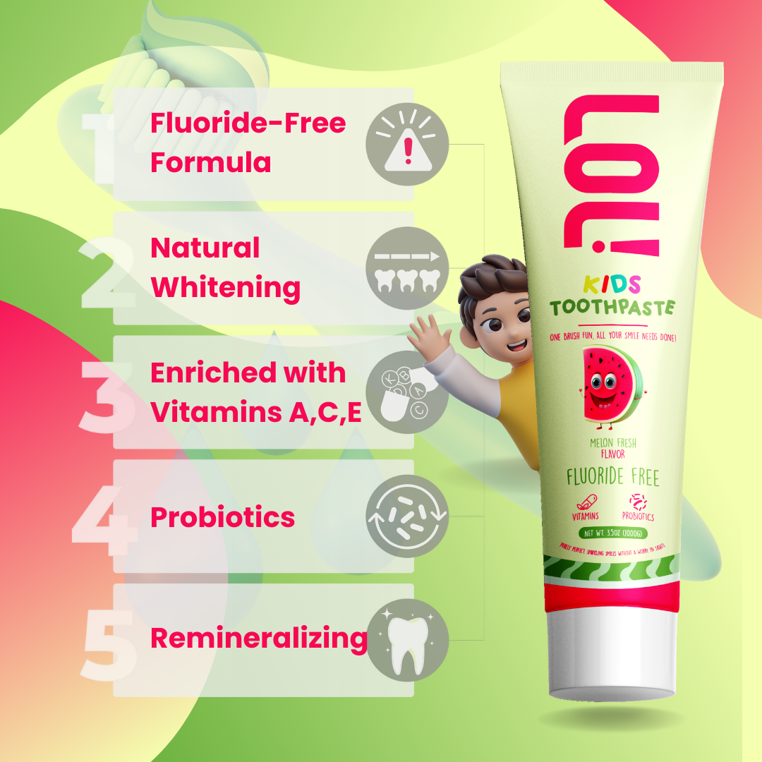 LOL Kids Fluoride-Free Toothpaste with Nano Hydroxyapatite, Probiotics, Vitamins A, C, E | Safe if Swallow, 100% Natural Whitening, No SLS, No Artificial Colors (3.5oz, Melon Fresh Flavor)