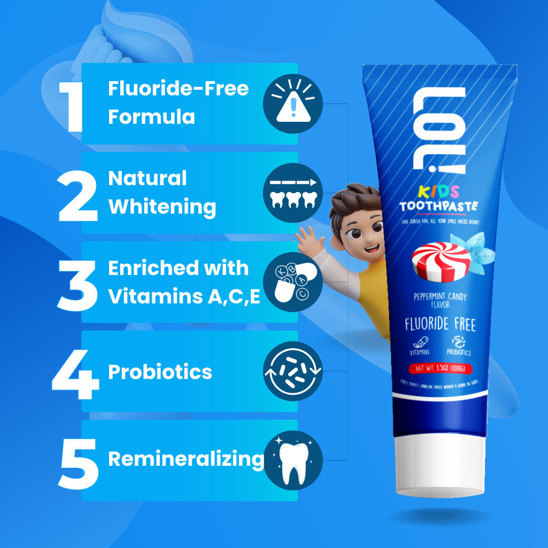 LOL Kids Fluoride-Free Toothpaste with Nano Hydroxyapatite, Probiotics, Vitamins A, C, E | Safe if Swallow, Natural Whitening, No SLS, No Artificial Colors (3.5oz, Peppermint Candy)