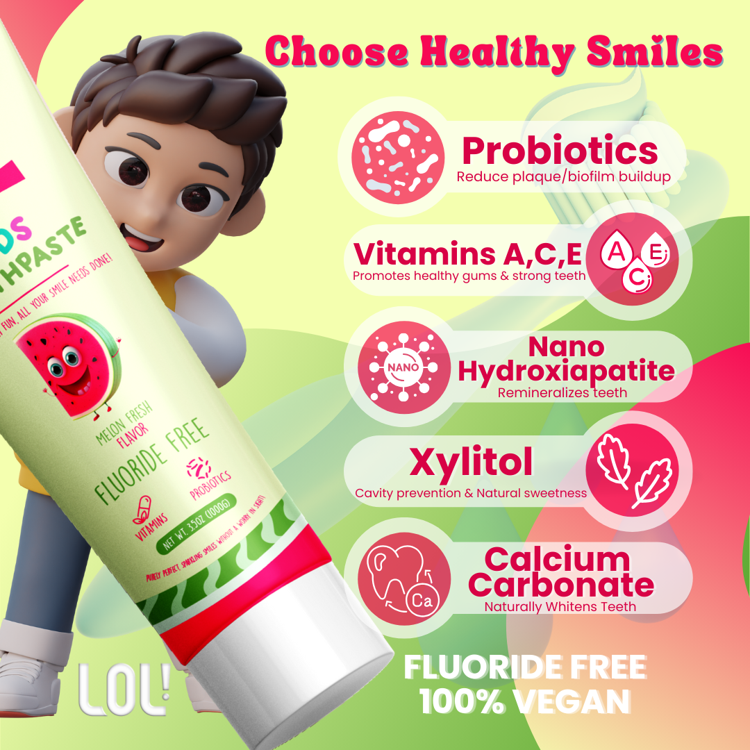 LOL Kids Fluoride-Free Toothpaste with Nano Hydroxyapatite, Probiotics, Vitamins A, C, E | Safe if Swallow, 100% Natural Whitening, No SLS, No Artificial Colors (3.5oz, Melon Fresh Flavor)