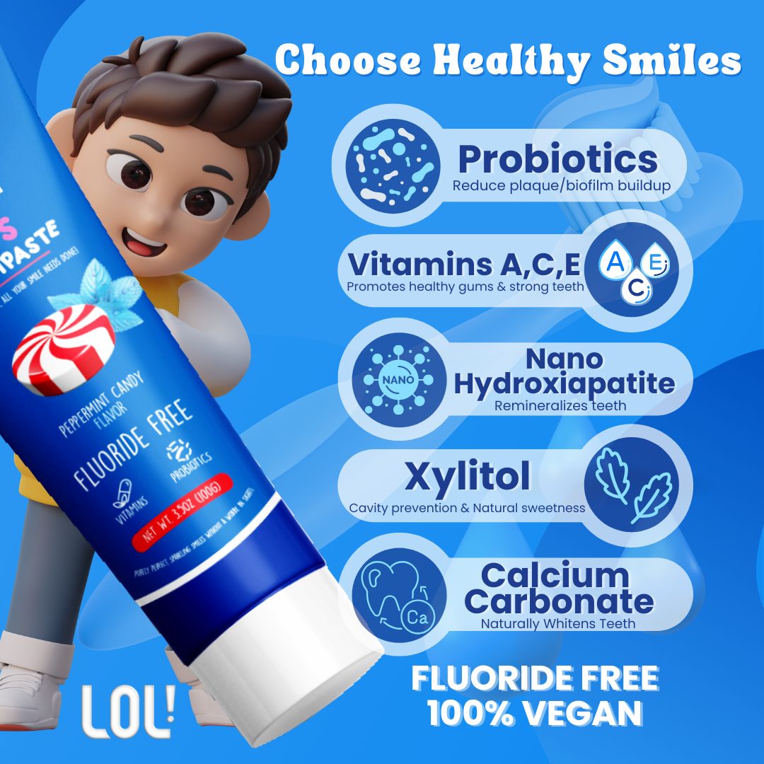 LOL Kids Fluoride-Free Toothpaste with Nano Hydroxyapatite, Probiotics, Vitamins A, C, E | Safe if Swallow, Natural Whitening, No SLS, No Artificial Colors (3.5oz, Peppermint Candy)