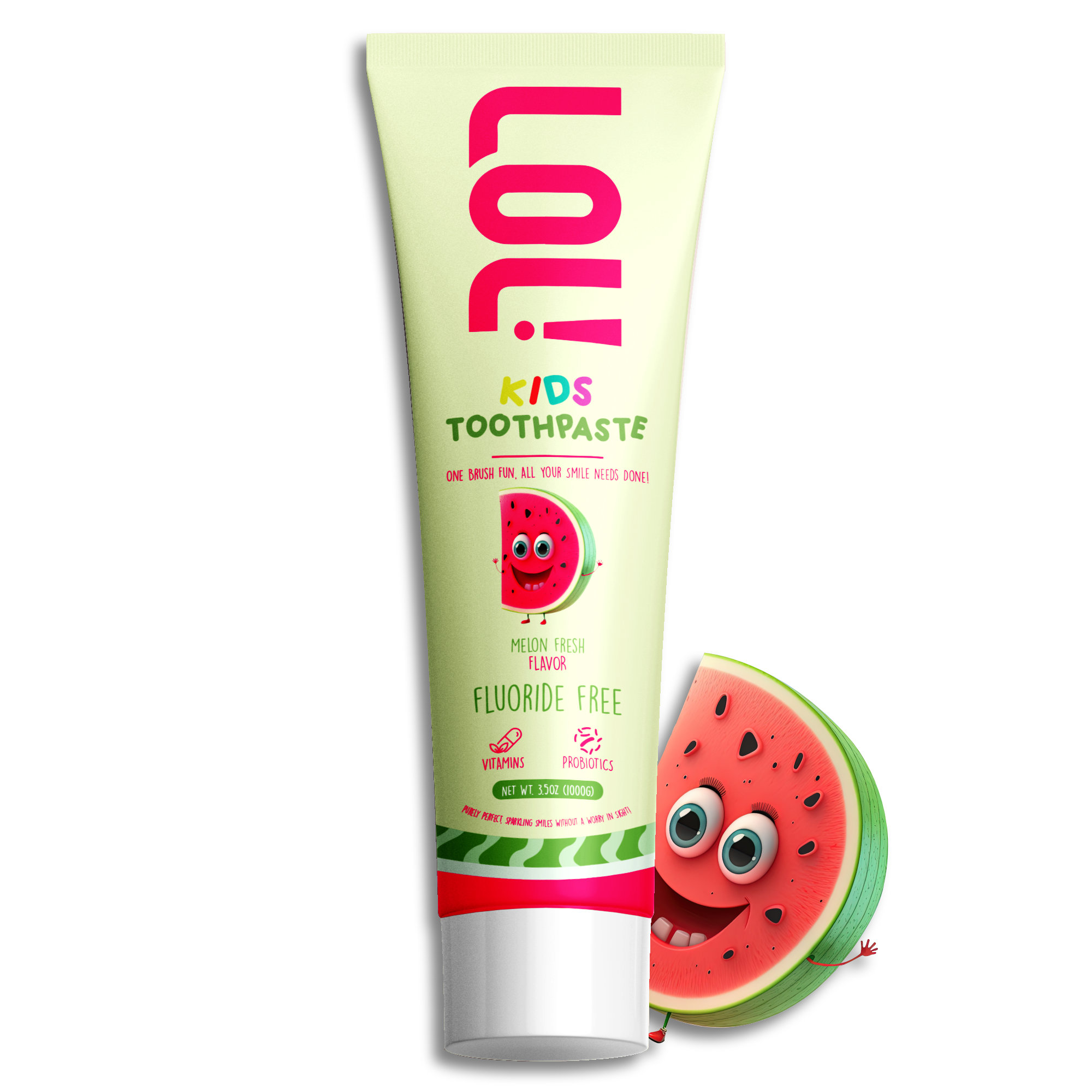 LOL Kids Fluoride-Free Toothpaste with Nano Hydroxyapatite, Probiotics, Vitamins A, C, E | Safe if Swallow, 100% Natural Whitening, No SLS, No Artificial Colors (3.5oz, Melon Fresh Flavor)